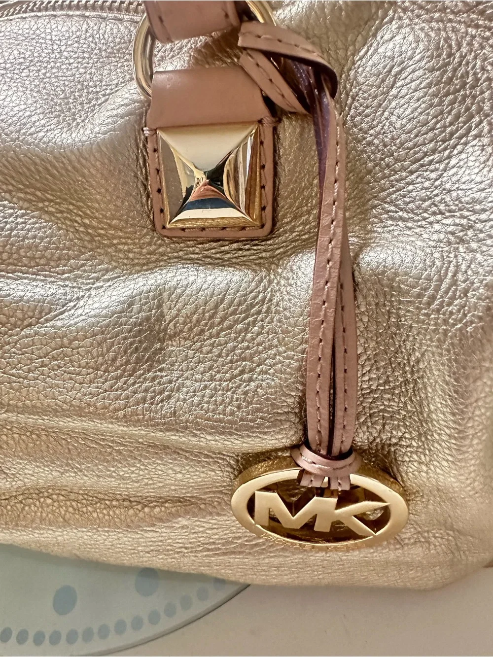 Michael Kors Gold Leather Satchel with Tan Handles and MK Charm